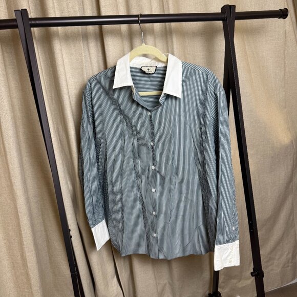 Tuckernuck | Size L | Green Stripe Nadine Boyfriend Button Down w/ Contrast Cuff - Picture 2 of 9